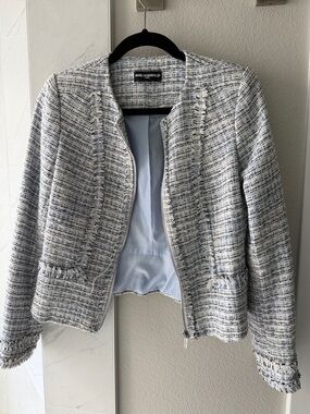 Karl Lagerfeld Light Blue and White Tweed Collarless Jacket